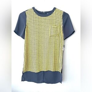 Halogen Gray And Yellow Blouse Size XS High Low Short Sleeve Sheer